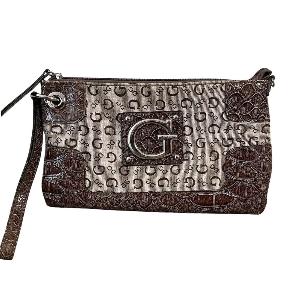 Guess Logo Clutch With Strap Brown Faux‎ Croc Zip Up